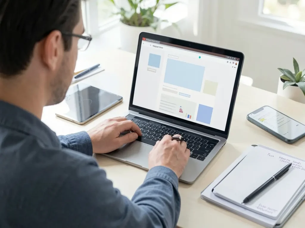 Man working on a laptop with a design dashboard visible on screen, using a stylus at a bright desk with a tablet and phone nearby.
