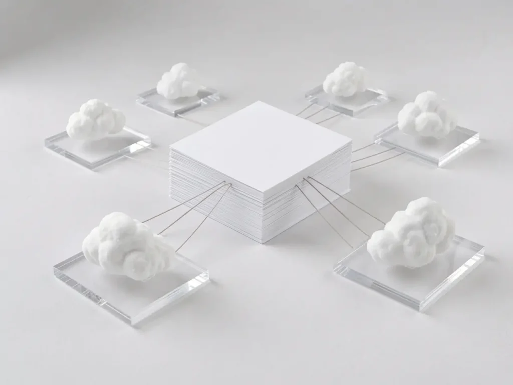 Central stack of white papers connected by thin lines to multiple glass platforms topped with white clouds, illustrating cloud computing networking.