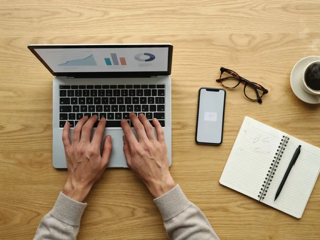 Person typing on a laptop at a wooden desk with a smartphone, glasses, coffee cup, and an open notebook nearby.