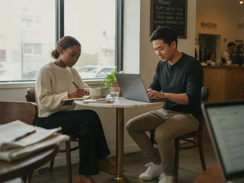 Two people sit at a small cafe table, one writing in a notebook while the other types on a laptop nearby.
