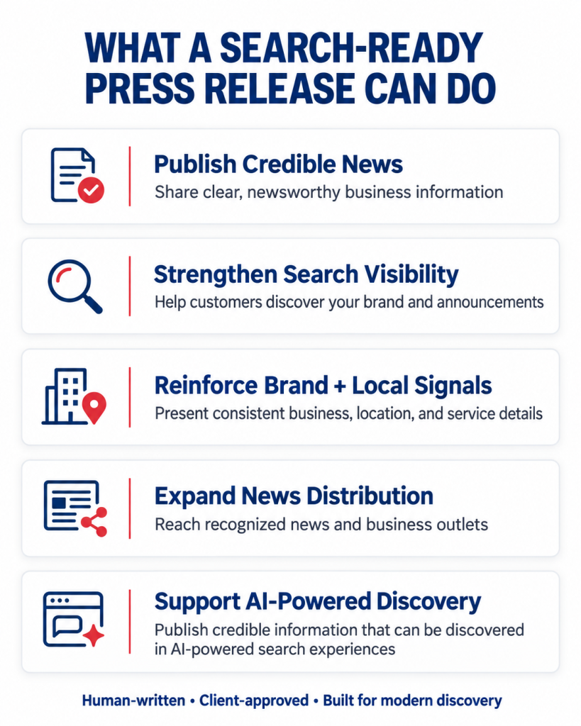 What a search-ready press release can do: publish credible news, strengthen visibility, reinforce brand signals, expand distribution, and AI-powered discovery.